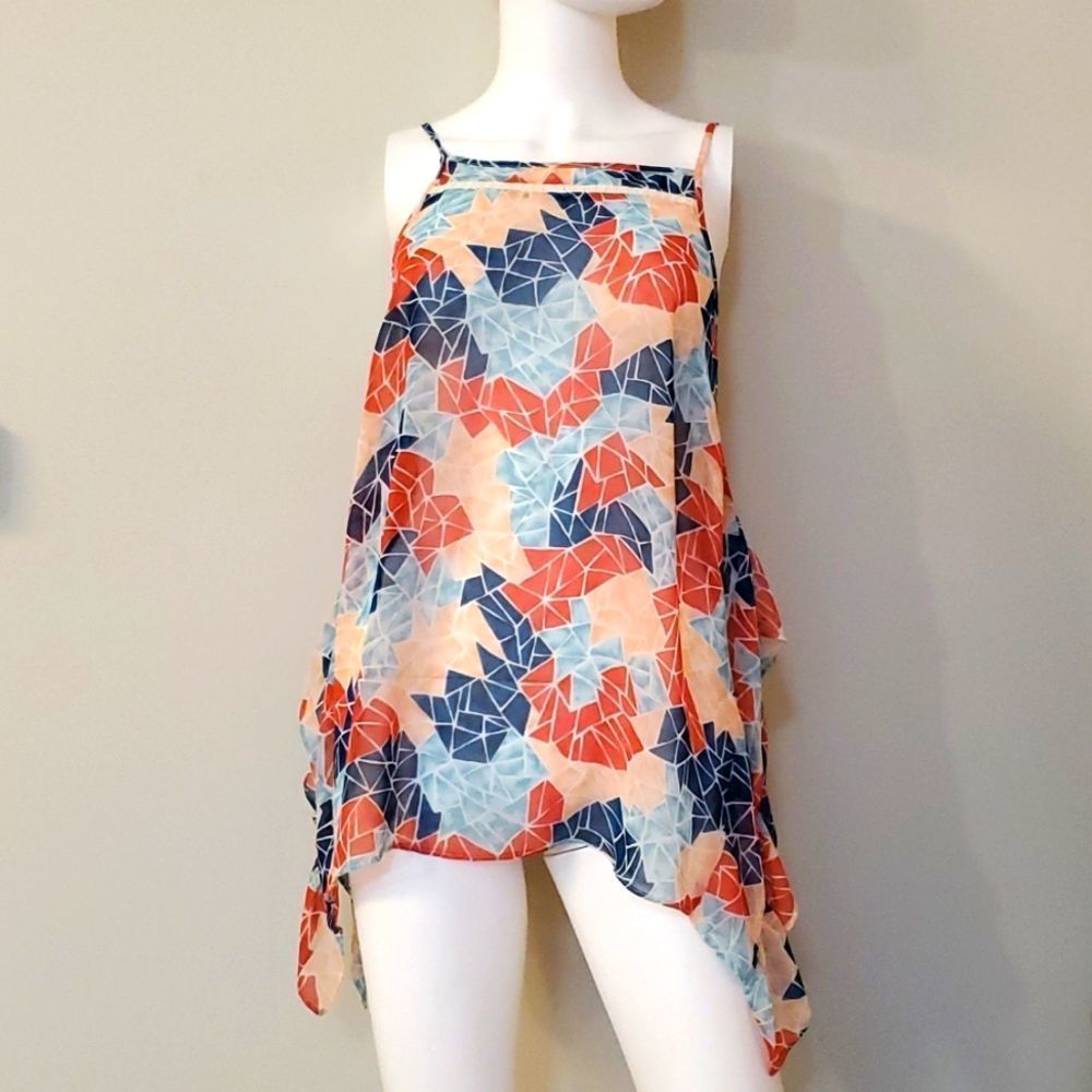 BCBGeneration geometric print sleeveless blouse, M, red & blue, spaghetti straps